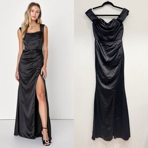 NWOT‎ Lulus Stunning Arrival Black Satin Off-The-Shoulder Maxi Dress
